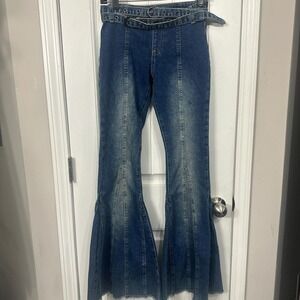 Generation Kiss y2k style medium wash low rise flare jeans with belt. S